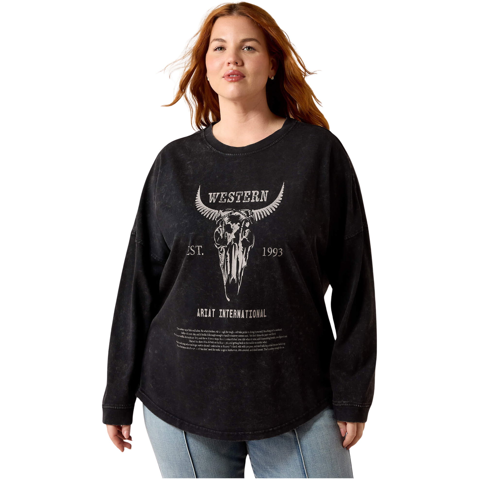 2026 Ariat Womens Canvas Oversized Long Sleeve T-Shirt 10079483 - Black Acid Wash
